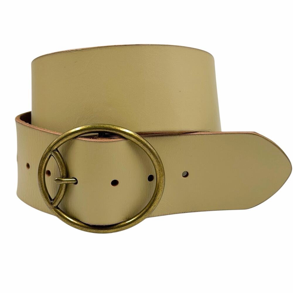 Anthropologie Oval Buckle Belt Beige Genuine Leather Wide Statement Boho XS S